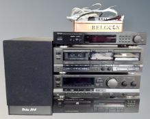 Four hifi separates, Denon, Precision, Stereo tuner, Technics double cassette deck RS-tr255,