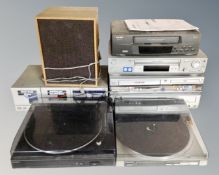 A Sony stereo turntable together with a Panasonic automatic turn table, JVC double cassette deck,