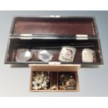 A Japanese lacquered trinket box containing a pair of antique spectacles, silver vesta case,