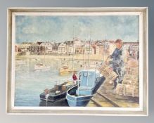 A 20th century oil on board depicting a fishing harbour scene initialled WLB
