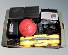 A crate containing Sony micro hifi, speakers, novelty radios,