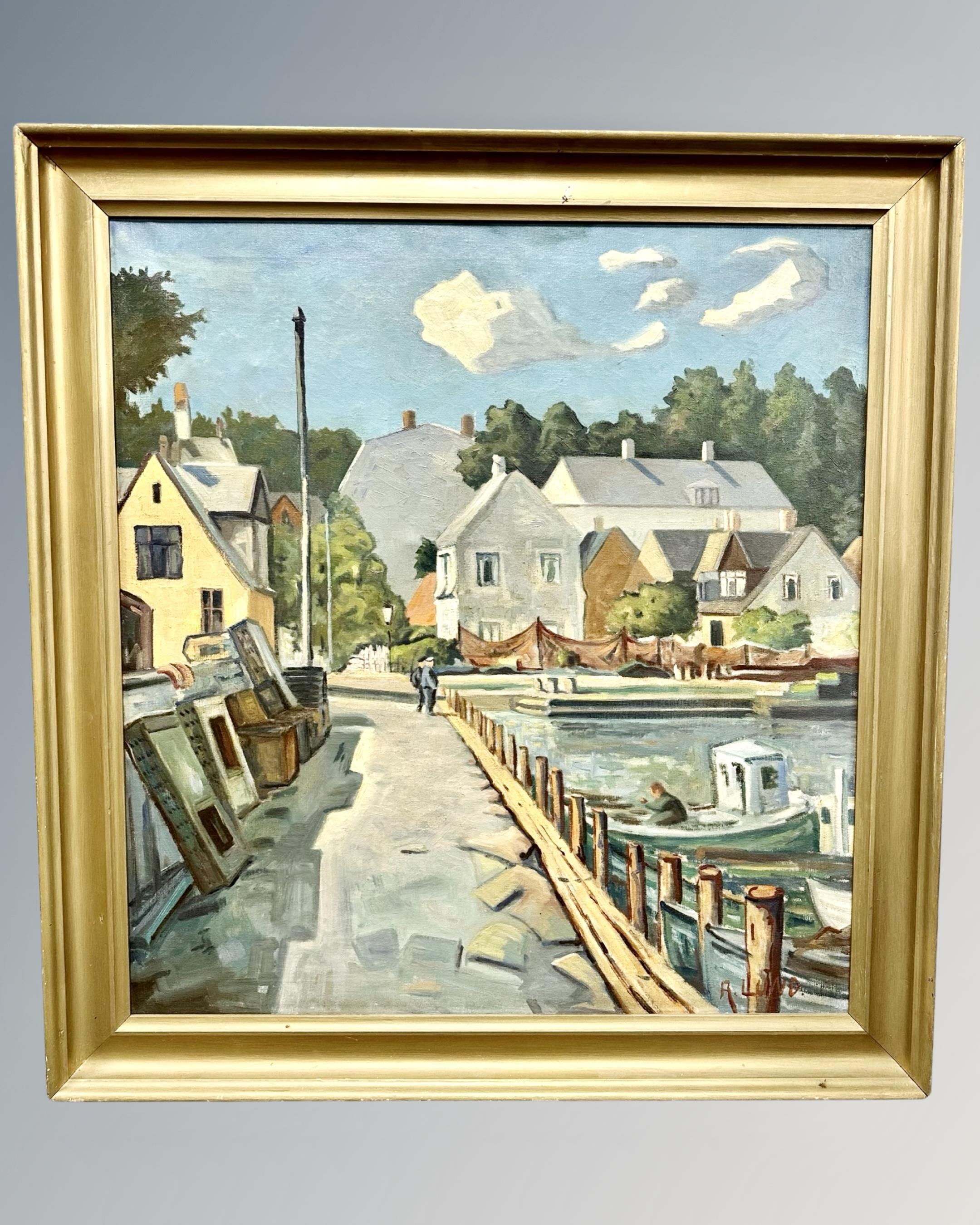 R Lund : Dutch harbour scene, oil on canvas,