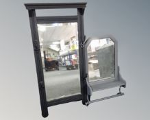 An Edwardian hall mirror with coat hooks together with a further vintage bathroom mirror with shelf