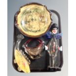 A tray of shaped glazed pottery dish, Murano glass clown figure,