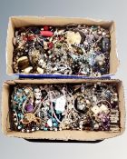 A tray and two boxes of costume jewellery