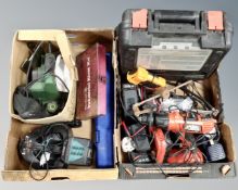 Two boxes of cased and uncased power tools, Black and Decker, Bosch batteries and chargers,