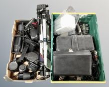 Two boxes of vintage cameras, lenses, tripods,