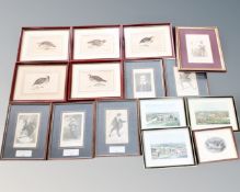 A box of assorted framed pictures, hunting scenes, gaming birds,