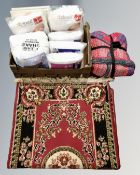 A box of Margo Selby woven textile dressing gown together with assorted bedding (new) and carpet