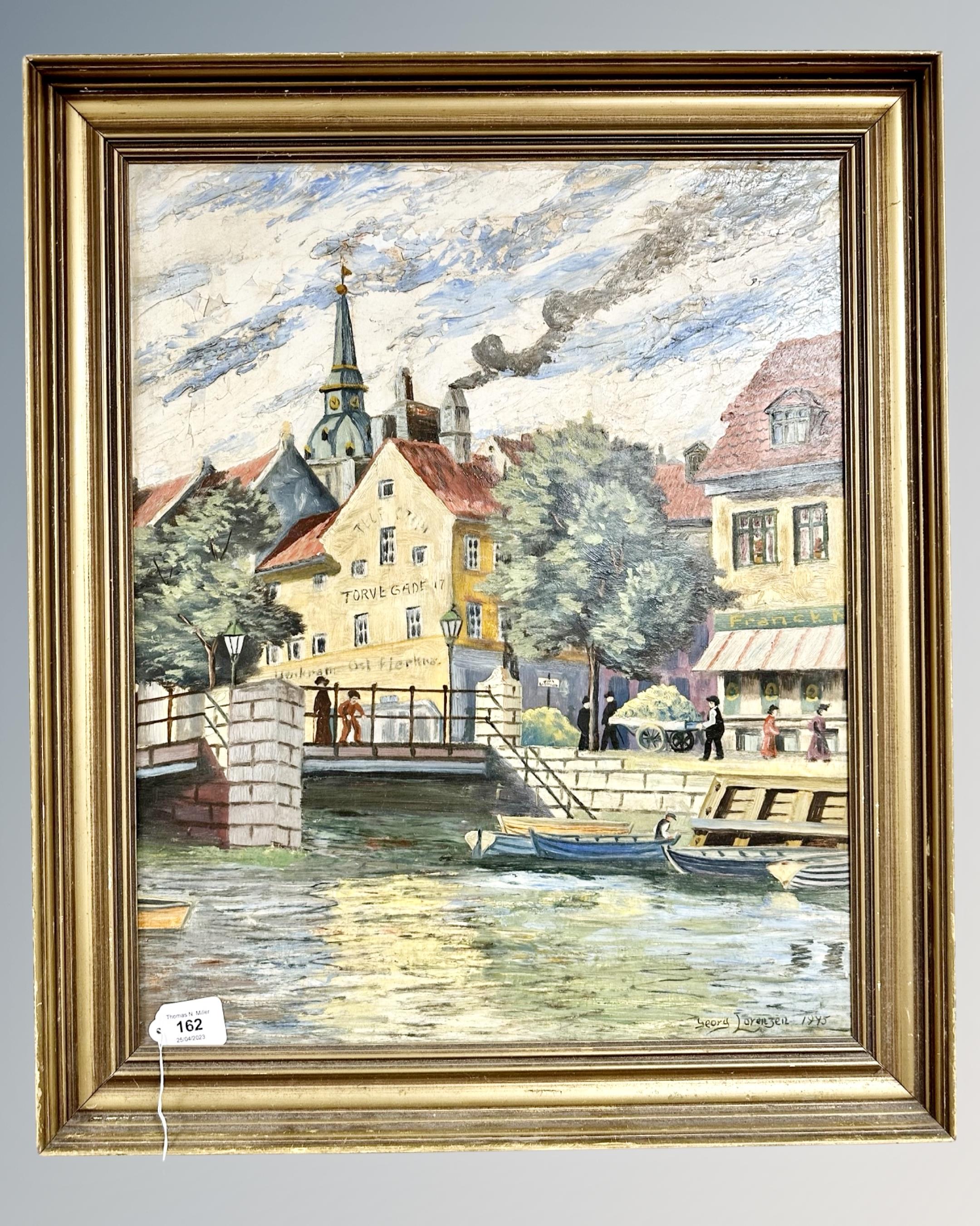 Georg Sorrensen : Dutch canal scene, oil on canvas, 53 cm x 43 cm, signed, dated 1945.