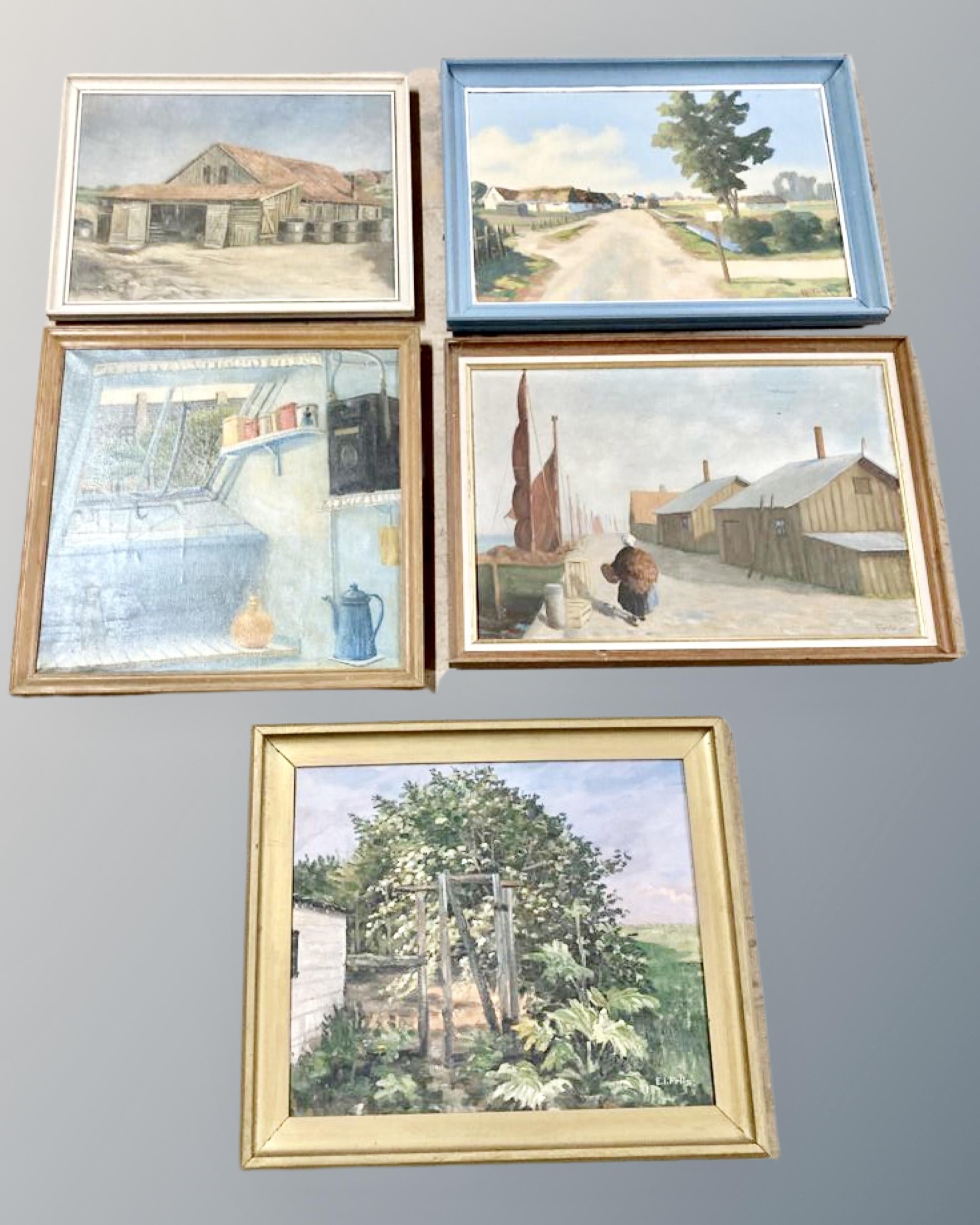 Five Continental oil paintings various.