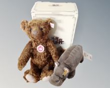A Steiff Mockili baby Hippopotamus in box together with a further Steiff mohair teddy bear, tagged,