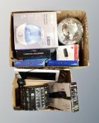 Two boxes of electricals to include set top boxes, LED disco lights, Netgear wifi ubs adaptor,