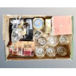 A box of 20th century glassware, Ravenhead glasses, claret jug, decanter,