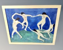 A 20th century oil on canvas depicting female nude figures dancing