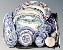 A crate of 19th century and later blue and white meat plates,