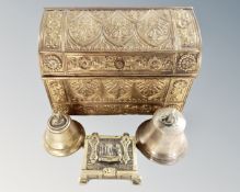 A wood lined brass stationary box, brass box,
