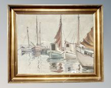 Continental School : Fishing boats, oil on canvas, 64 cm x 50 cm, indistinctly signed.