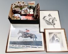 A box of ceramics, pictures, wall plaques,