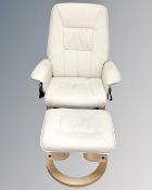 A contemporary Scandinavian style electric recliner relaxer chair with stool in cream leather
