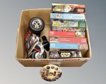 A box of The Hobbit pin badges, Star Wars Episode I card game, Naboo jigsaws,