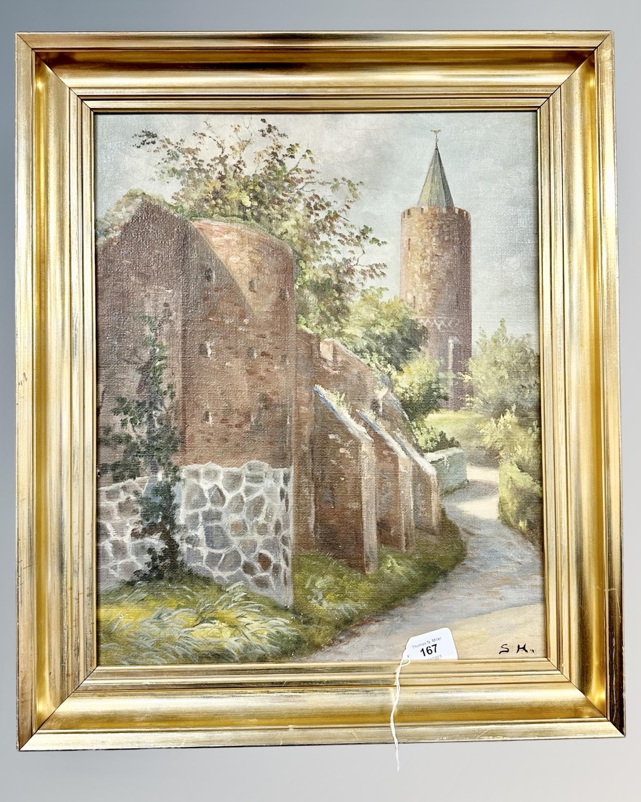 Continental School : A stone fort with spire, oil on canvas, 47 cm x 38 cm, initialed SH.