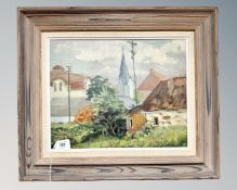 Continental School : Landscape with church, oil on board, 38 cm x 31 cm,