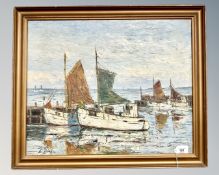 Continental School : Fishing boats by a jetty, oil on canvas, 54 cm x 44 cm, indistinctly signed.