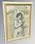 Manner of Ralph Hedley (1848-1913), A girl in traditional dress holding a prayer book,