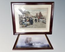 An Edwardian colour print of a Dutch harbour scene in frame and mount together with a further Roger