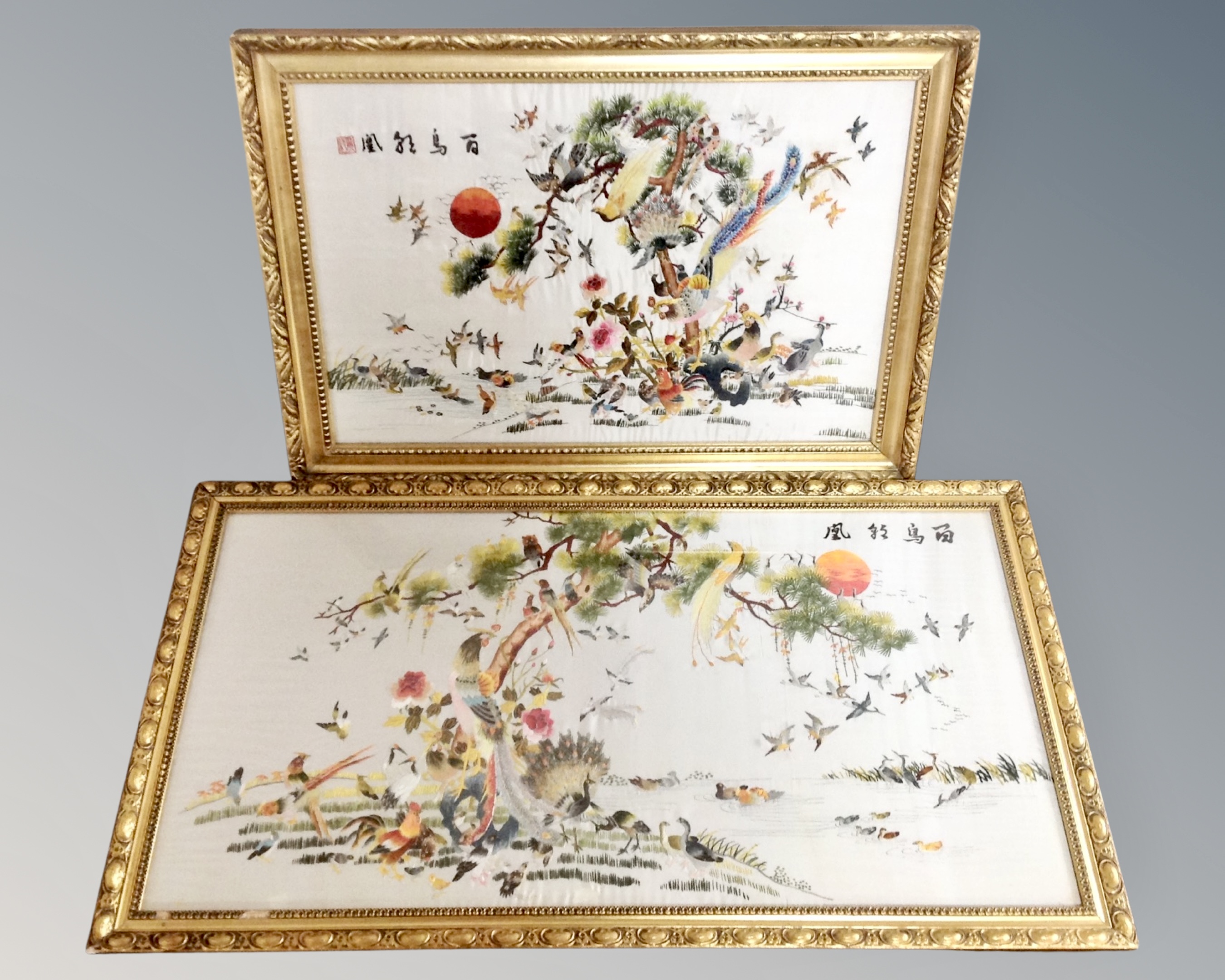 Three Chinese embroidered silk panels depicting birds, framed. - Image 2 of 2