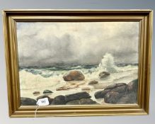 Continental School : Waves crashing against rocks, oil on canvas,