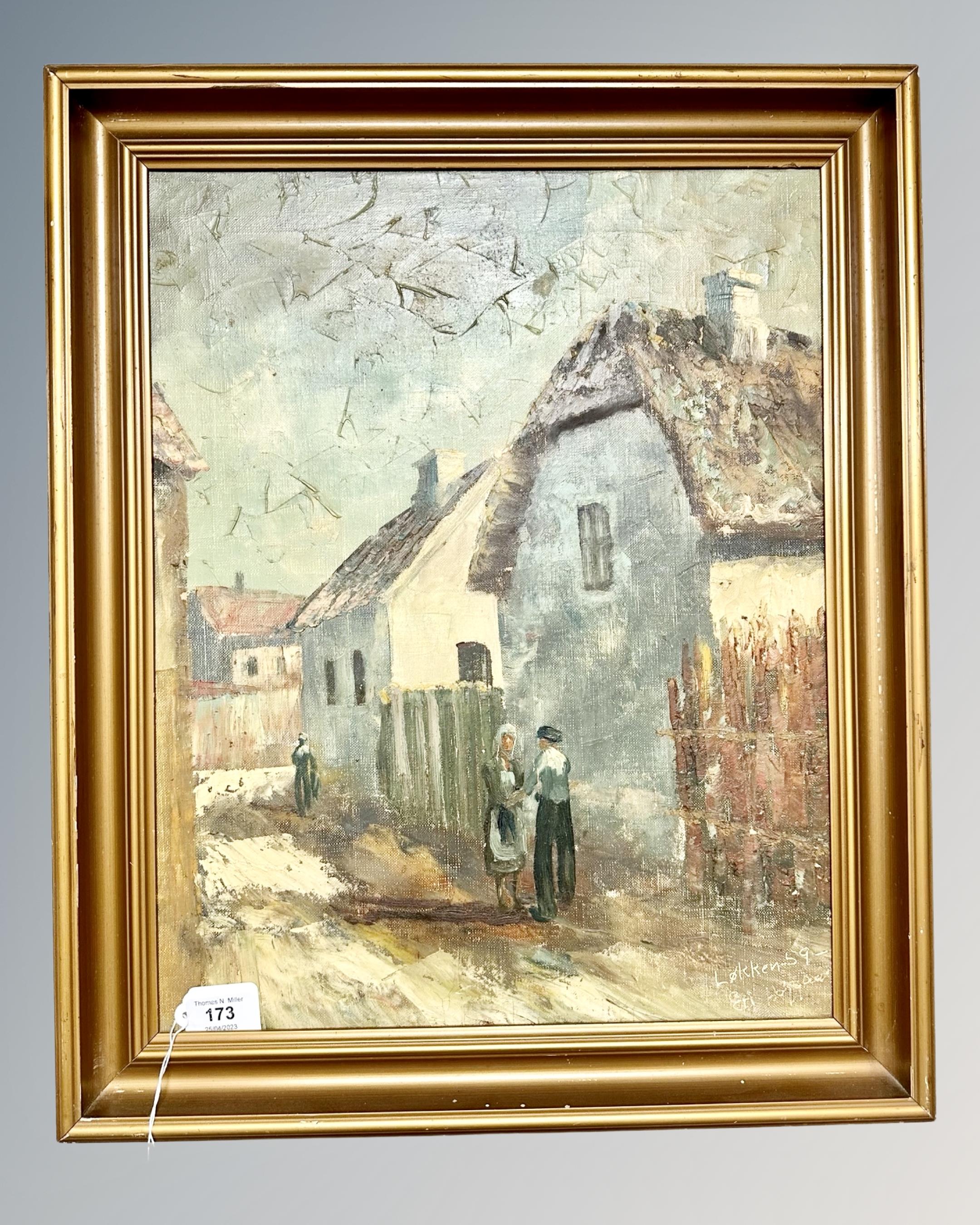 Continental School : Figures before a thatched cottage, oil on canvas, 46 cm x 37 cm, signed Lokken,