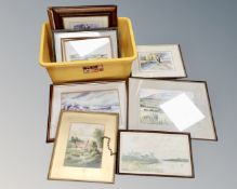 A box containing assorted pictures and prints, framed watercolours, Ronald Moore print, etc.