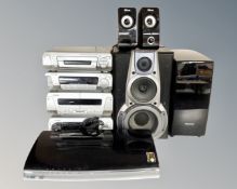 A Technics MASH micro hifi system with speakers together with Samsung home theater DVD player with