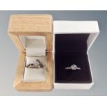 Two Pandora rings in wood box together with a further Pandora ring in original box