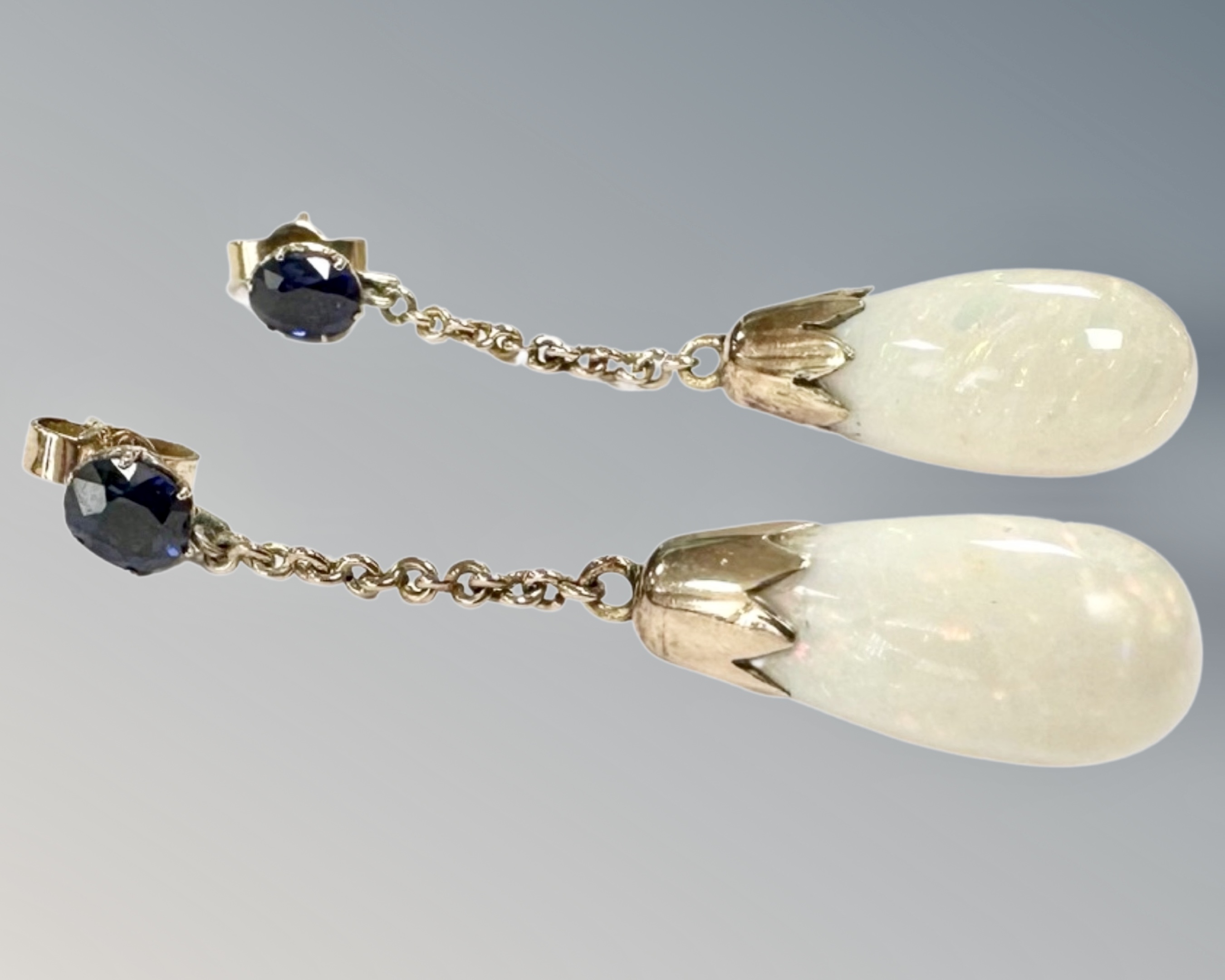 A pair of Edwardian opal and sapphire droplet earrings, with post fittings, overall length 39mm. - Image 2 of 2