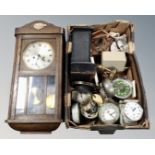 A box of antique and later clock cases, parts, desk clocks,