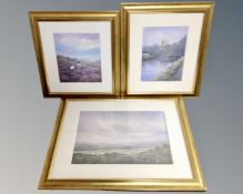 Three Renwick pastel drawings depicting sheep on moorland and river with buildings