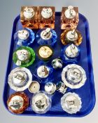 A tray containing fifteen glass Art Deco table lighters