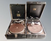Two early 20th century portable gramophones by HMV together with a box containing 78's