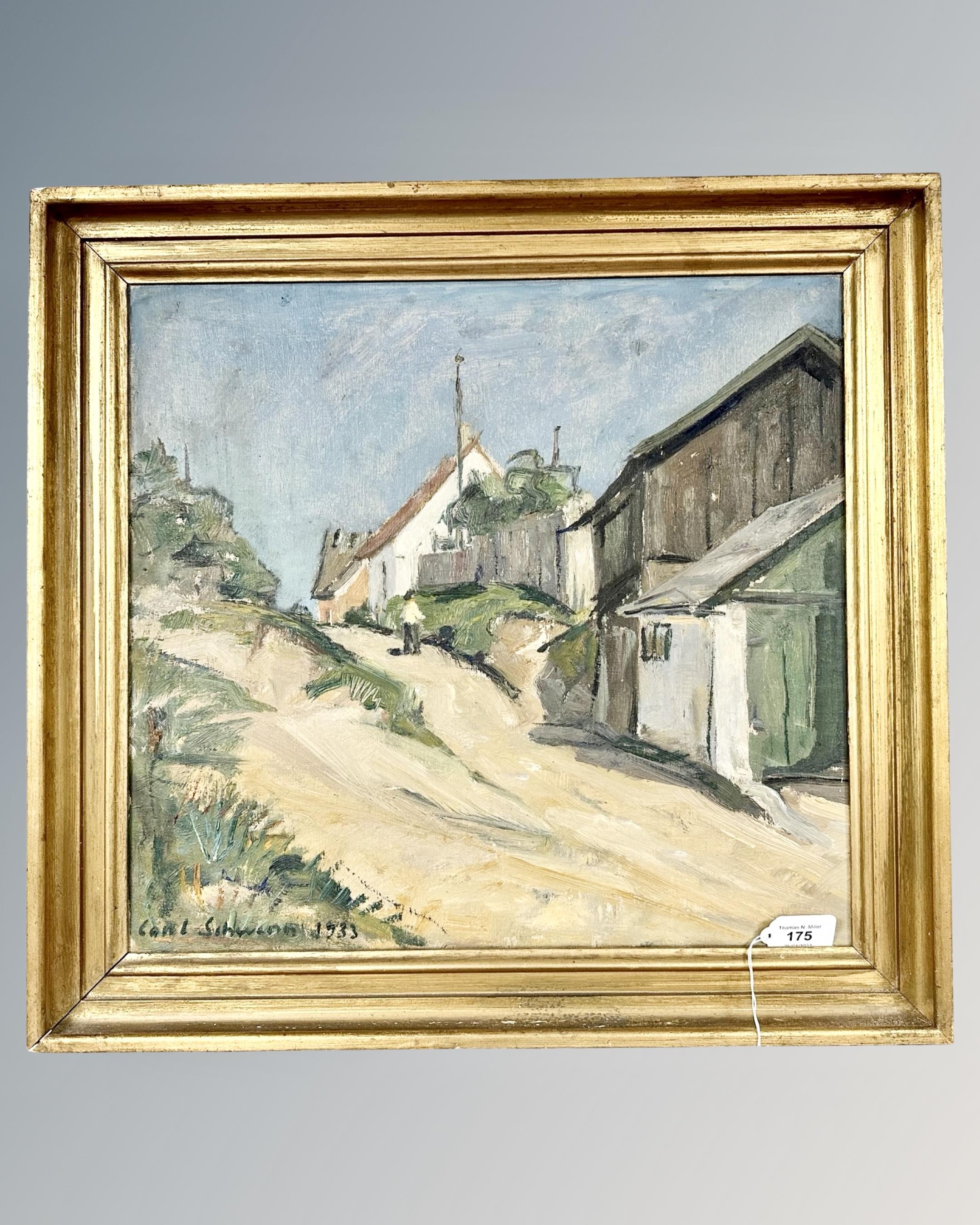 Carl Schwenn : A figure on a path by buildings, oil on canvas,