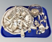 A tray of assorted plated wares, flat ware,