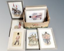 A box of nine colour prints depicting soldiers in military dress, all framed.