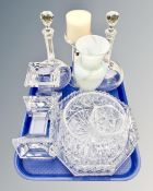 A tray of various crystal and glass ware, pair of heavy glass candlesticks, fruit bowls,