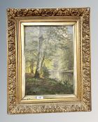 Continental School : A stream flowing through woodland, oil on canvas, 44 cm x 31 cm,