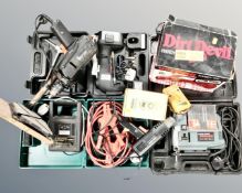 A box of assorted cased power tools, meters, dirt devil handy vacuum,