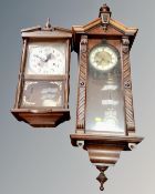 An Edwardian eight day wall clock with enamelled dial together with a further 31 day wall clock