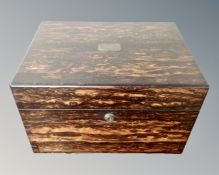 A Victorian coromandel travelling dressing table box and contents to include various silver plate