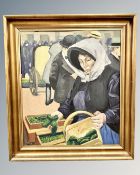 Continental School : A lady selling vegetables, oil on board, 77 cm x 66 cm, indistinctly signed.
